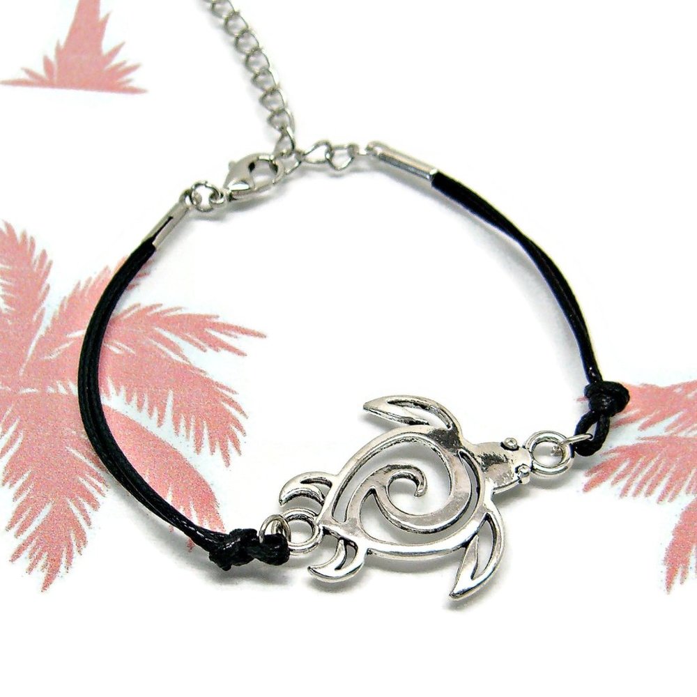 Sea Turtle Bracelet or Anklet Adjustable Cord String 7" to 9" Black or Blue Honu